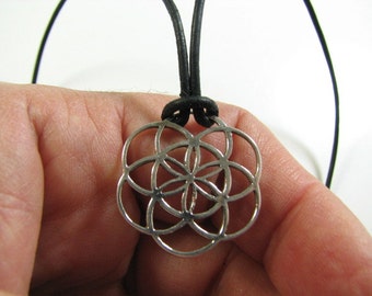 Genuine Seed of Life Pendant Necklace, Sterling Silver on Leather Cord, Sacred Geometry
