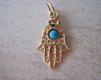14K Gold Hamsa Pendant with Turquoise Bead for Charm Bracelets Necklaces and Anklets