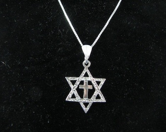 Authentic Born Again Messianic Star of David and Cross Pendant Necklace, Solid 925 Sterling Silver