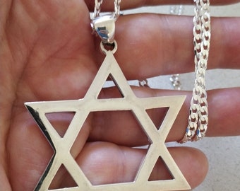 Extra Large Star of David Necklace,  2 inch Big David Star Pendant and 3mm curb chain, 925 sterling silver , all lengths available