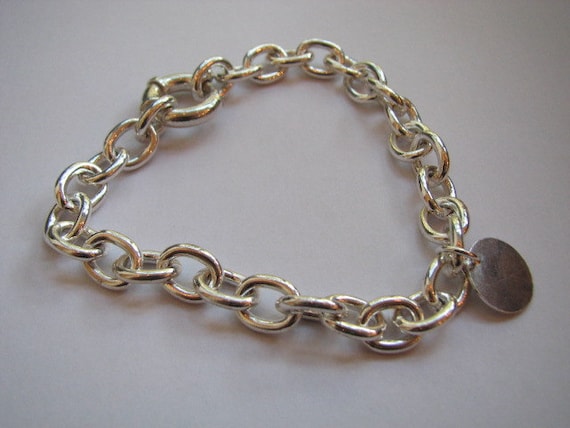 Sterling Silver Heavy Link Charm Bracelet with Round Tag, Classic Style