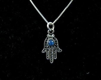 Sterling Silver Hamsa Hand with Genuine Blue Agate Necklace