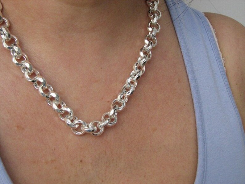 Hammered Sterling Silver 12mm Rolo Chain Necklace 17 Inch Etsy