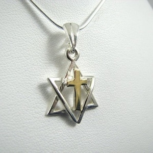 Messianic Star of David with Cross Necklace 14K Gold and Sterling Silver