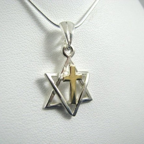 Messianic Star of David with Cross Necklace 14K Gold and Sterling Silver