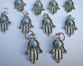 10 pcs Sterling Silver Hamsa Charms with Turquoise Pendants