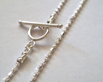 Sterling Silver Diamond Cut Ball & Bar Chain Necklace with Toggle Clasp, 2mm Faceted Beads, High Shine and Sparkly
