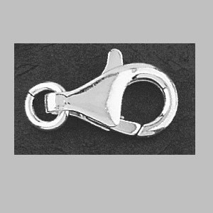 Op de afbeelding: Een glanzende, zilverkleurige karabijnhaak met een veergrendel en een kleine cirkelvormige ring. De haak is ontworpen voor het bevestigen van sieraden of andere items. Het metaal heeft een gepolijste afwerking.