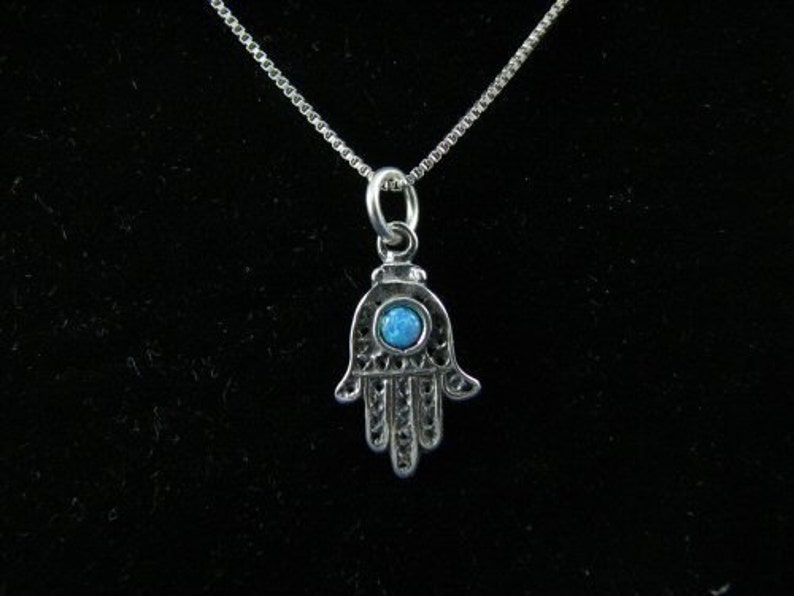 Hamsa Charm with Opal Bead Sterling Silver Necklace image 1