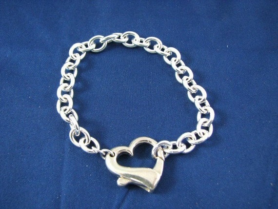 Impressive Sterling Silver Heavy Link Charm Bracelet with Large Heart Clasp