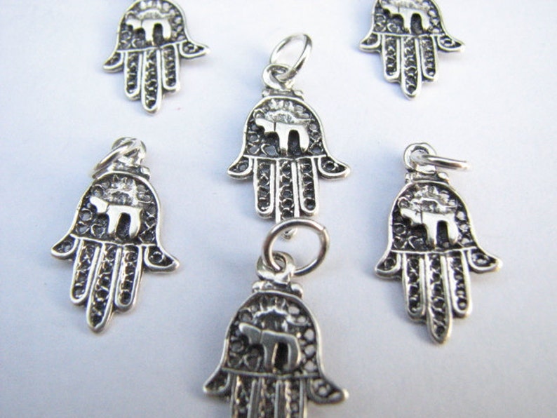 Sterling Silver Hamsa Charm Pendant with Chai Symbol for Bracelets and Chains image 1