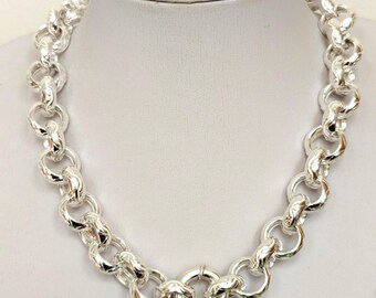 16mm Rolo Chain 17 inch Necklace with Secure Clasp, solid 925 sterling silver, Textured Bold Rollo Link Choker