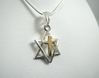 Star of David with Cross Necklace Messianic Born Again, Gold on Sterling Silver