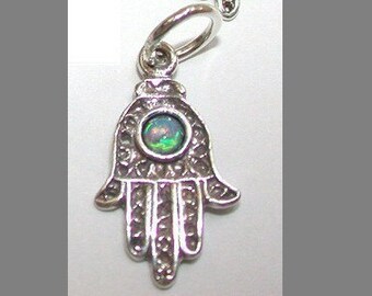 Sterling Silver Hamsa Hand with Genuine OPAL Stone Charm Pendant