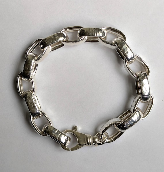 Sterling Silver 20x12mm Hammered Link Charm Bracelet With a Secure