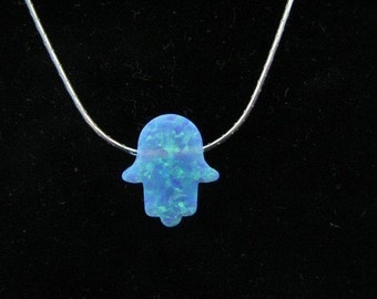 Authentic Opal Hamsa Necklace, Sterling Silver Chain with Dangling Opal Hamsa Charm