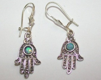 Filigree Hamsa Hand Earrings with Opal, Sterling Silver