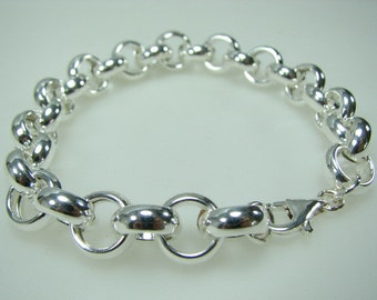 Sterling Silver 8mm Rolo Charm Bracelet, solid 925 impressive bold bracelet with large secure lobster clasp