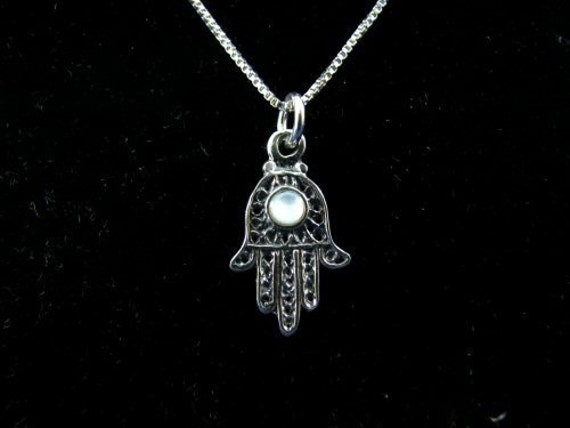Sterling Silver Filigree Hamsa Hand Charm with Pearl Necklace