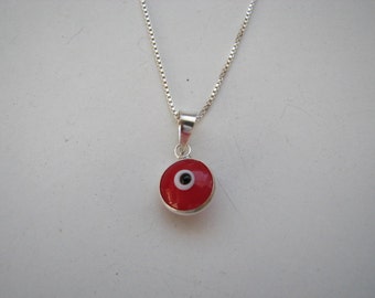 Fire Red Evil Eye Pendant Necklace Sterling Silver