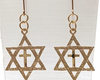 Star of David and Cross Earrings, gold filled Messianic dangle ear rings