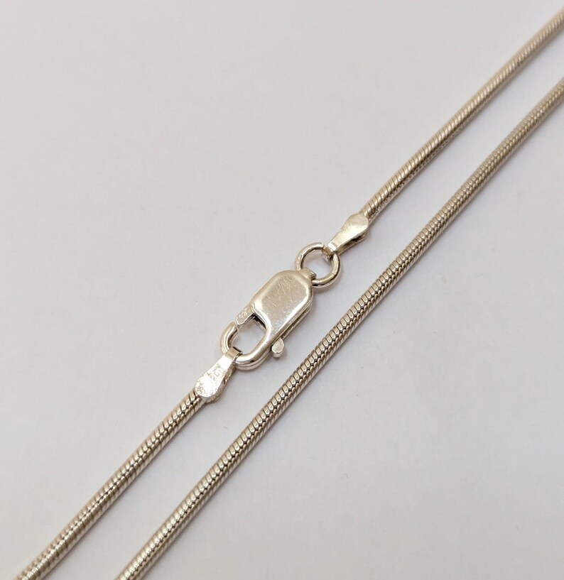 May include: A silver snake chain necklace with a lobster clasp closure.