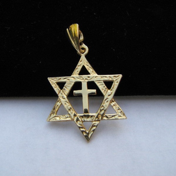 28mm Messianic Jewish Star of David and Russian Orthodox Cross Charm in 14K Yellow Gold