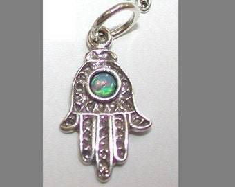 Sterling Silver Hamsa Hand with Genuine Opal Stone Charm Pendant