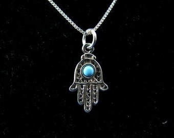 Hamsa Hand Charm with Turquoise and Sterling Silver Chain