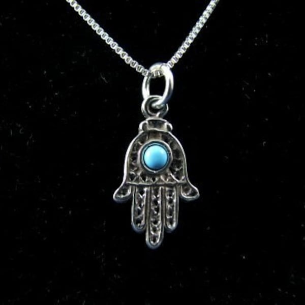 Hamsa Hand Charm with Turquoise and Sterling Silver Chain
