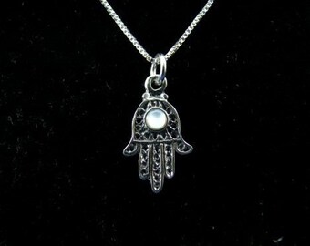 Sterling Silver Hamsa Hand with Genuine Mother of Pearl Necklace