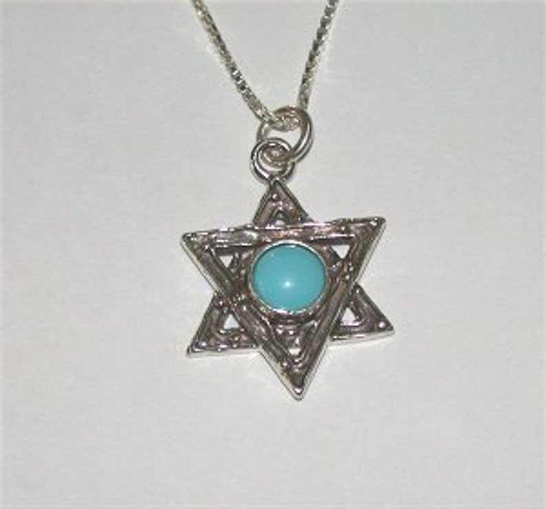 Sterling Silver Star of David with Turquoise Charm Necklace image 1