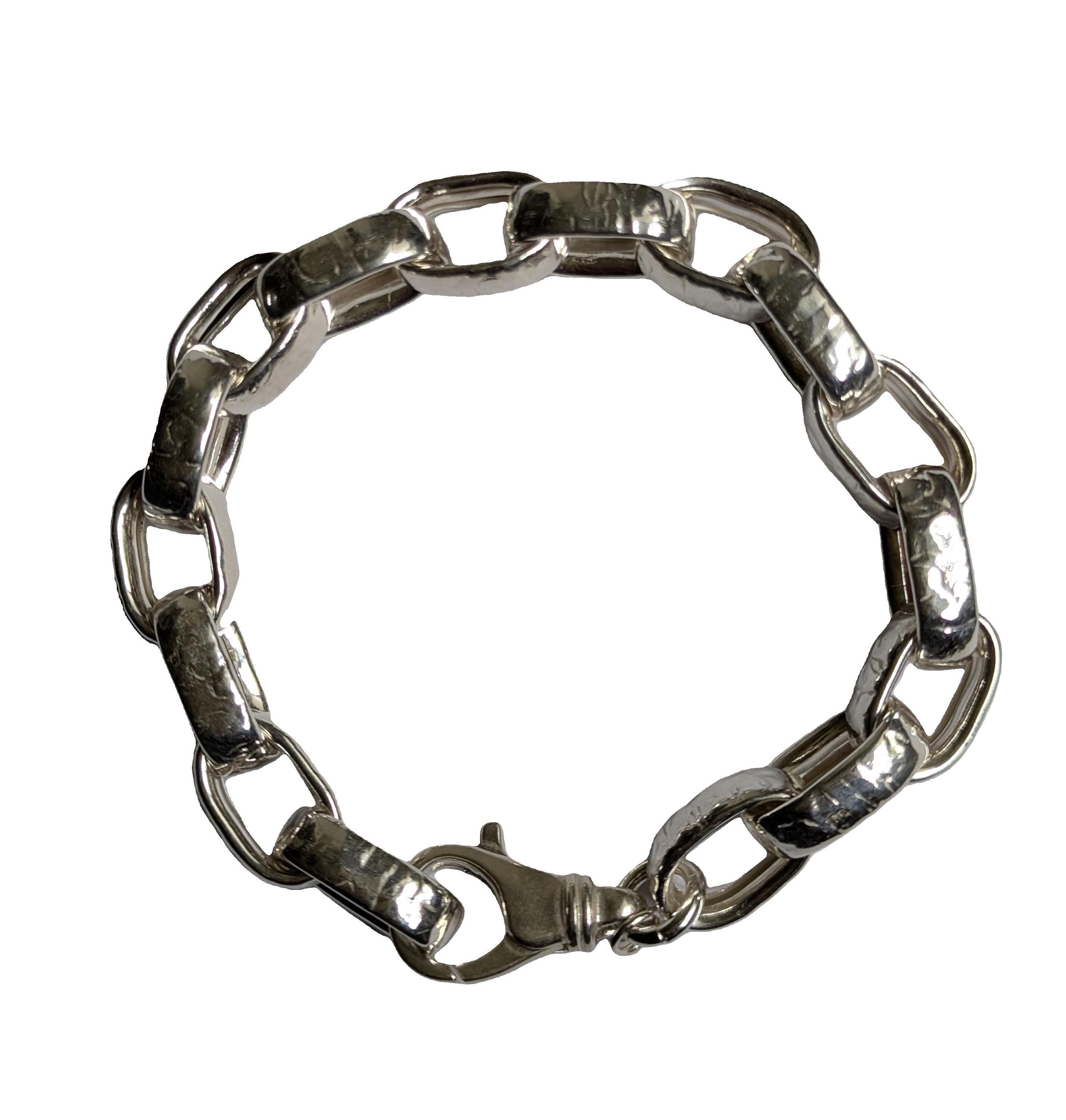 Sterling Silver 20x12mm Hammered Link Charm Bracelet With a Secure