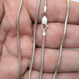 May include: A silver snake chain necklace with a lobster clasp.