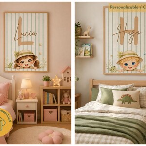 Puede incluir: Dos impresiones artísticas enmarcadas para guardería. Una presenta el nombre "Lucia" con una niña de dibujos animados con sombrero, la otra "Hugo" con un niño con sombrero. Ambas tienen un fondo a rayas y están en un dormitorio.