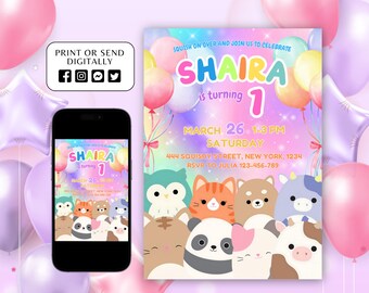 Squishmallow-Geburtstagseinladung, bearbeitbare Squishmallow-Einladung, Squish-Geburtstagsfeier zum Ausdrucken, digitale Einladung, Canva-Vorlage