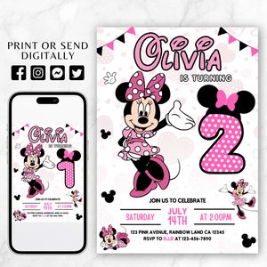 Minnie Mouse Geburtstag einladen, Mädchen Geburtstag einladen, Oh Twodles, digitaler Download, Minnie einladen, bearbeitbare rosa Minnie Mouse Einladung