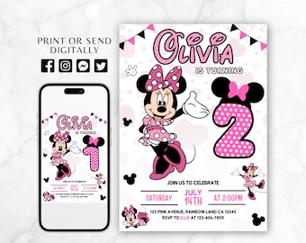 May include: A pink and black Minnie Mouse themed birthday invitation for a girl turning two. The invitation features a cartoon image of Minnie Mouse, a pink number two, and the text "Olivia is turning 2".