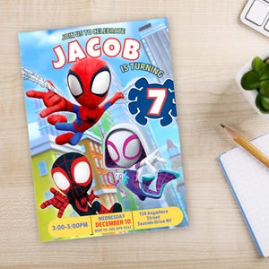 May include: A birthday invitation featuring three cartoon Spider-Man characters. The invitation is for Jacob's 7th birthday party. The invitation includes the date, time, and RSVP information.