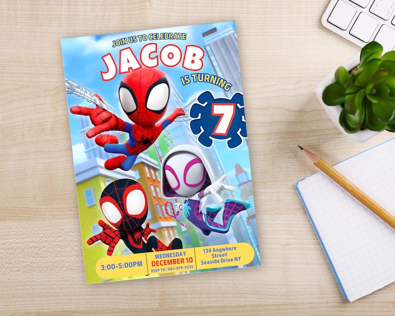 May include: A birthday invitation featuring three cartoon Spider-Man characters. The invitation is for Jacob's 7th birthday party. The invitation includes the date, time, and RSVP information.