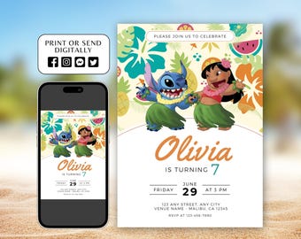 May include: A printable invitation for a 7th birthday party featuring Stitch and Lilo from Disney's Lilo & Stitch. The invitation is decorated with tropical flowers and fruit. The text on the invitation reads "Please join us to celebrate Olivia is turning 7. June 29 at 3 PM. 123 Any Street, Any City Venue Name Malibu, CA 12345 RSVP at 123-456-7890"