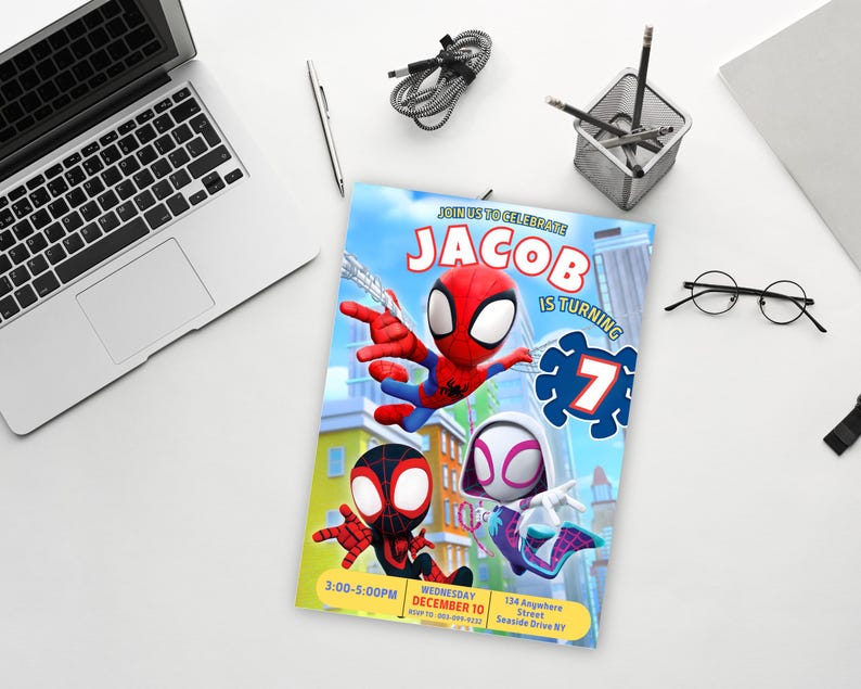May include: A birthday invitation featuring Spider-Man and Spider-Gwen characters. The invitation is blue with a cityscape background. The text reads "Join us to celebrate Jacob is turning 7".