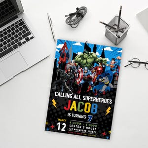 May include: A superhero-themed birthday party invitation with a black background and colorful text. The invitation features a group of superheroes, including Spiderman, Hulk, Iron Man, Captain America, and Batman. The text reads "Calling all superheroes Jacob is turning 7 March 12 4:00PM - 6:00PM Lester's House 123 Anywhere Street".