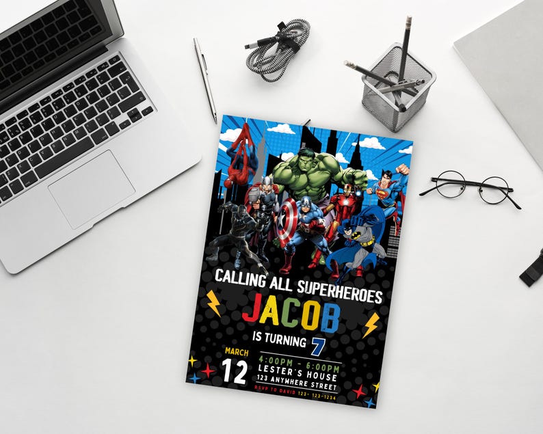 May include: A superhero-themed birthday party invitation with a black background and colorful text. The invitation features a group of superheroes, including Spiderman, Hulk, Iron Man, Captain America, and Batman. The text reads "Calling all superheroes Jacob is turning 7 March 12 4:00PM - 6:00PM Lester's House 123 Anywhere Street".