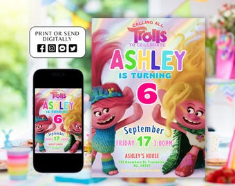 Invitación de cumpleaños de Trolls, invitación imprimible de Trolls, invitación para fiesta de cumpleaños infantil, arte digital imprimible, invitación de cumpleaños de Trolls imprimible