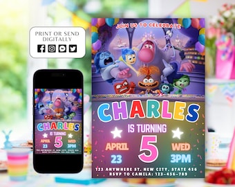 Invitación de cumpleaños editable "Inside Out 2", plantilla personalizable de Canva, para niños y niñas, imprimible, descarga instantánea.