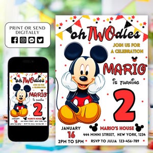 May include: A printable invitation for a child's second birthday party. The invitation features a cartoon image of Mickey Mouse wearing a red shirt and yellow pants. The text on the invitation reads "Oh Twodles, Join us for a celebration, Mario is turning 2".