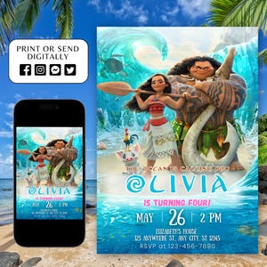 May include: A digital invitation for a Moana themed birthday party. The invitation features Moana and Maui from the Disney movie Moana. The invitation is blue and pink with a wave design. The text on the invitation reads "The ocean is calling you @Olivia is turning four! May 26 | 2 PM Elizabeth's House 123 Anywhere St, Any City, ST 12345 RSVP at 123-456-7890"