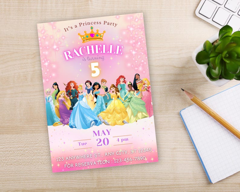 May include: Pink princess party invitation with a crown and the text "It's a Princess Party" and "Rachelle is turning 5". The invitation features a group of Disney princesses in their iconic dresses.