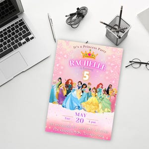 May include: Pink princess party invitation with a crown and the text "It's a Princess Party" and "RACHELLE is turning 5". The invitation features a group of Disney princesses in front of a pink and white sparkly background. The date and time of the party are listed as "Tue MAY 20 4 pm".